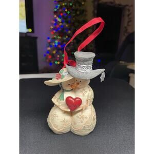 Vintage 2007 Snowman & Woman Love 4” Ornament with Original Box. Birch Hearts.
